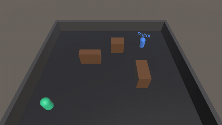 Animated Unity WebGL demo showing AI NPC patrol, chase, and attack behavior